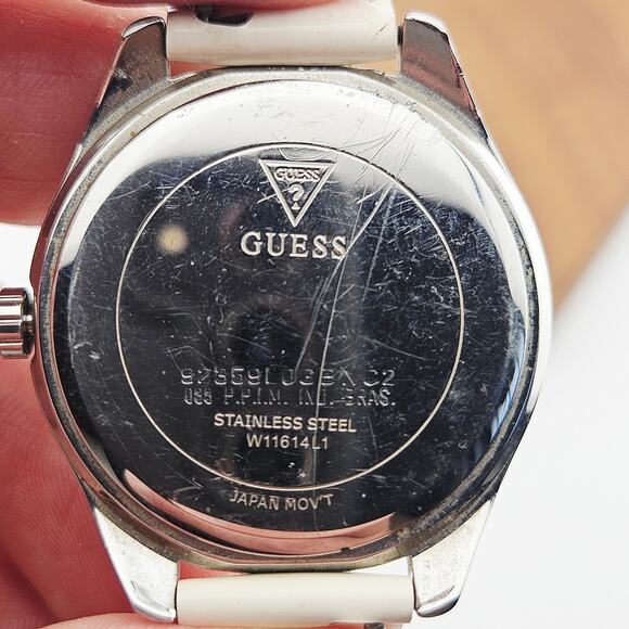 Guess Women's Crystal Halo Silver Tone Watch Whimsical Numbers Cream Band - Picture 6 of 8